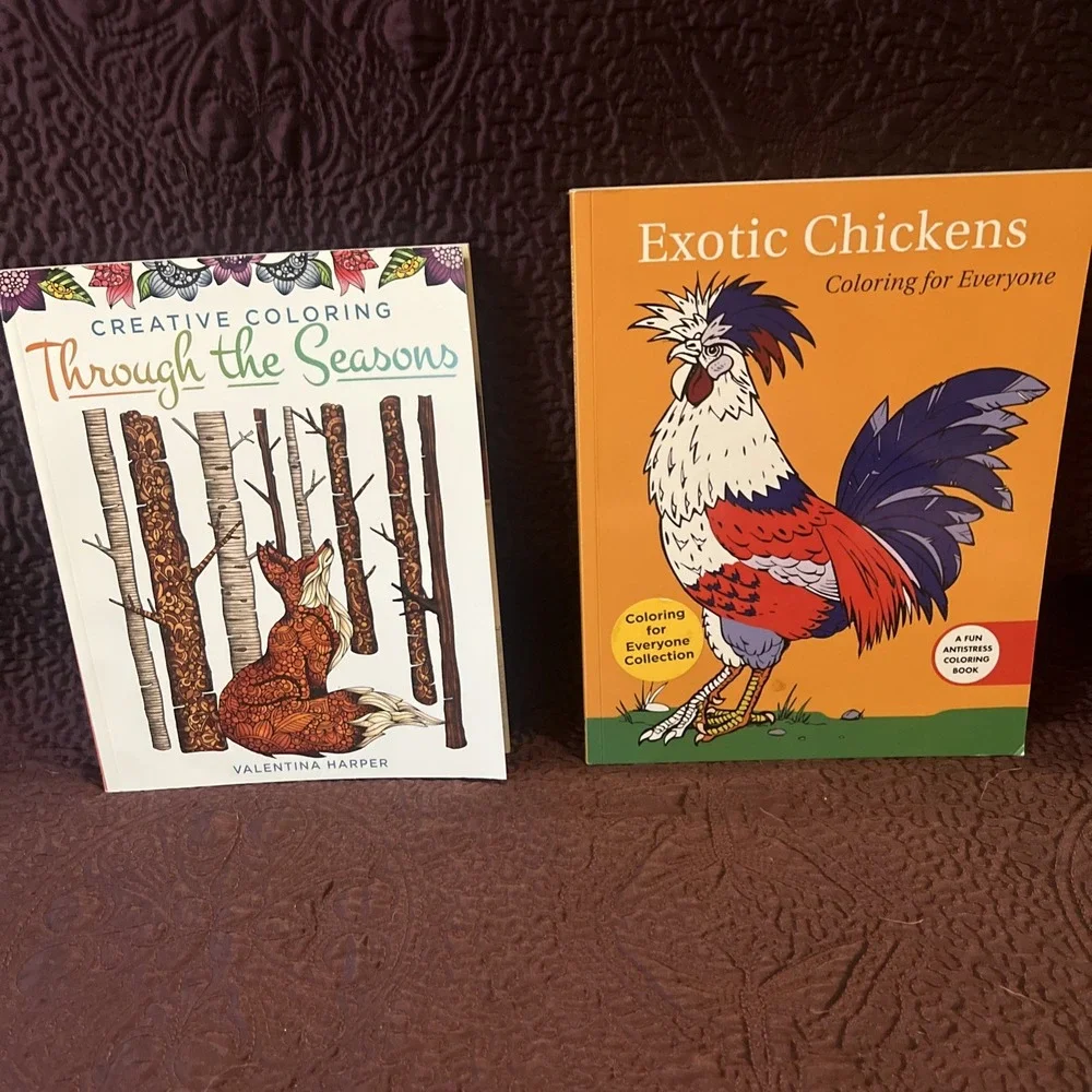 Lot Of 2 Adult Coloring Books Creative Coloring Through Season & Exotic Chickens
